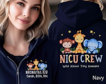 Personalized NICU Nurse Jacket | Safari Animals | Neonatal Intensive Care Full-Zip Monogram Sweatshirt | Nurse Gift, LPN, Tech, Therapist