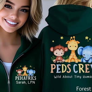 Personalized Pediatric Nurse Jacket | Cute Custom Hoodie with Safari Animals | Monogram Zip-Up Sweatshirt | Gift for Nurse, LPN, Therapist
