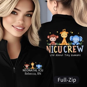 Personalized NICU Nurse Jacket | Safari Animal Custom Monogram | Full-Zip, Fleece-Lined, Cadet Collar | Neonatal Intensive Care RN, LPN