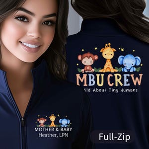 Personalized Mother Baby Nurse Jacket | Safari Animal Zip Up RN Jacket | Fleece Lined Nurse Jacket | Graduation Gift, Nursing Student, LPN