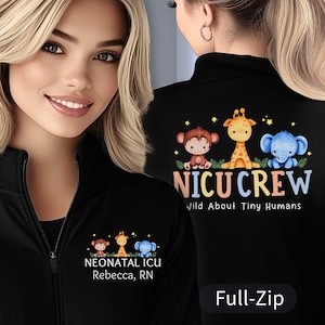 Personalized NICU Nurse Jacket | Safari Animal Custom Monogram | Full-Zip, Fleece-Lined, Cadet Collar | Neonatal Intensive Care RN, LPN