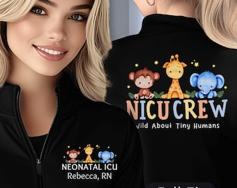 Personalized NICU Nurse Jacket | Safari Animal Custom Monogram | Full-Zip, Fleece-Lined, Cadet Collar | Neonatal Intensive Care RN, LPN