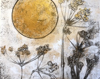 Lune de récolte avec monoprint de persil de vache, monotype, imprimé à la main