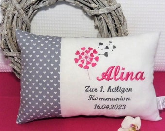 Kissen zur Kommunion Konfirmation, Kommuniongeschenk Geburt Taufe, in grau pink, für Mädchen und Jungen, Geldgeschenk