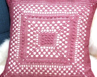 Kissenbezug gehäkelt 45x42 cm, altrosa Häkelkissen Granny Square Kissen, Einzelstück Baumwollkissen Sommer Deko, Terrasse Sofa