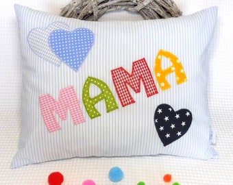 Kissen für Mama, Geburtstagsgeschenk, blaues Mamakissen mit Herzen, auch für Papa, Farbwünsche möglich, personalisierbarer Kissenbezug