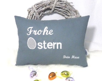 Kissen Frohe Ostern, Osterdeko Kissenbezug, Dekokissen Osterdekoration grau und weiß, Kissenhülle personalisierbar, Frühlingsdekoration Sofa