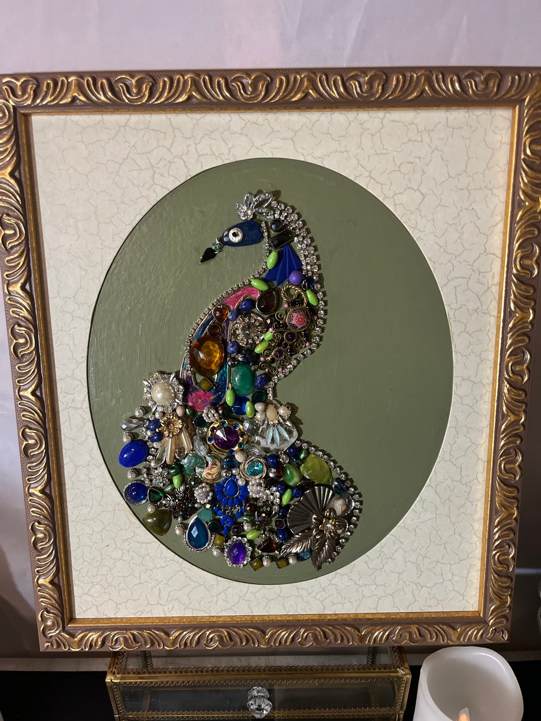 Peacock Broken Jewelry Art Framed Collage Etsy