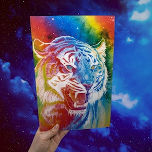 Holographic Space Tiger Colour Changing Art Print, Trippy Psychedelic Painting, Blue Tiger Wall Hanging, Lenticular Optical Illusion Art