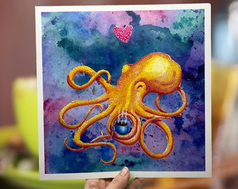 Cute Coffee Octopus Watercolor, Octopus Wall Art, Cute Animal Painting, Watercolor Octopus, High Quality Art Print