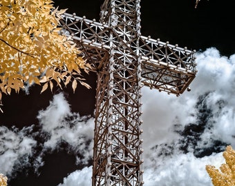 Mount Royal Cross, Montreal, taken in false colour infrared, giving the photo a fall-like appearance