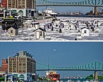 Ice Fishing in the Marina, Montreal Harbour (two photos of the same scene, one in winter and the other in summer)