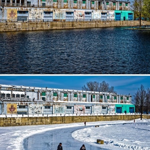 Skating in the Harbour, Montreal (two photos of the same scene, one in summer and the other in winter)