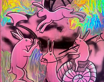 Bunnies with Medieval Weapons Art Print drawing illustration fairy colorful whimsical surreal renaissance weird guys