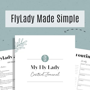 Può includere: Un diario di controllo FlyLady stampabile con un design a foglia verde. Il diario include sezioni per le routine quotidiane, settimanali e mensili. Il testo "My FlyLady Control Journal" è in cima alla pagina.