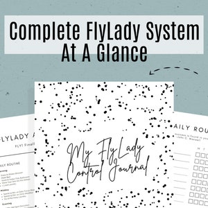 Puede incluir: Un planificador imprimible en blanco y negro con el texto "My FlyLady Control Journal" y un fondo de lunares. El planificador incluye una rutina diaria, un enfoque semanal y diario, y una sección para realizar un seguimiento de las tareas diarias.