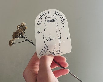 I Require Snacks Raccoon Sticker - Matte or Gloss Vinyl Finish
