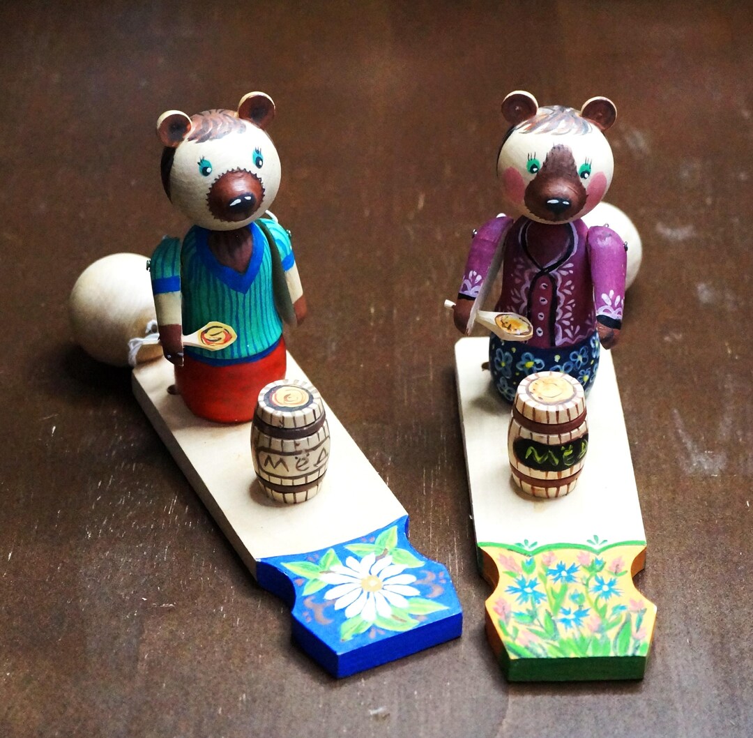 Wood Carved Bear Toy With Spoon and Honey Barrel Bogorodskoye - Etsy