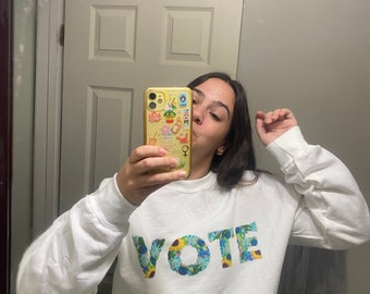 PRINTED Vote Floral Block Letter Embroidery Navy Crewneck