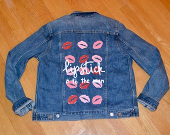 Upcycled Lipstick It to the Man Hand Painted Denim Jacket - Holiday Gifts, Personalized Gifts, Gifts for Him, Gifts for Her, Gifts for Them