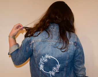 Upcycled Floral feminist hand painted denim jacket - inclusive feminism, gifts for feminists, for her, for them - Mother's Day Gift