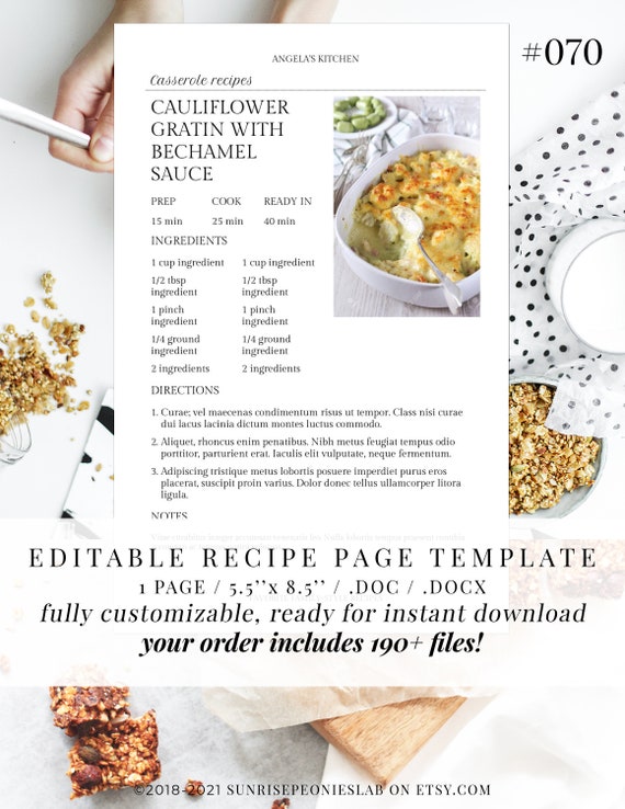 Editable Recipe Page Template Design 070 5 5 X Etsy