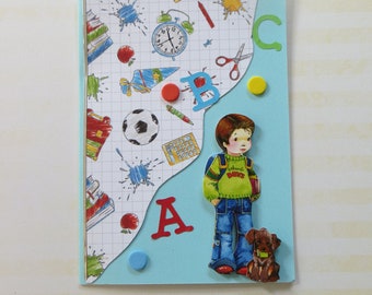 Back to school greeting card for boys, school enrollment