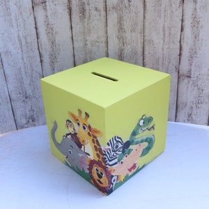 Safari money box with wild animals, animal money box, wooden money box