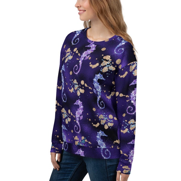 Purple Seahorse Unisex Sweatshirt, Sea Creatures Long Sleeve Top, Purple Comfy Weekend Fleece, Sea Lover Gift, Nautical Gift, Sailors Gift