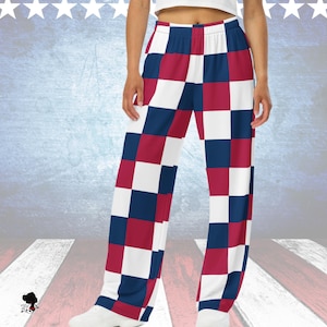 Patriotic  Wide Leg Pants, Checkered Red, White & Blue Unisex Bottoms, Loose Fit Elastic Waistband Casual Trouser, Independence Day Gift