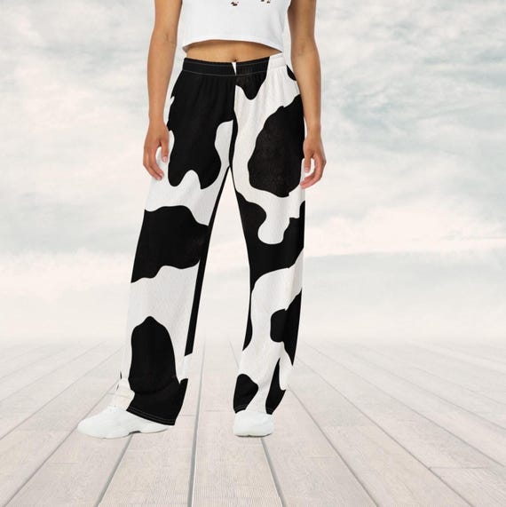 Cow Print Pants, Unisex Wide Leg Black White Comfortable Loose Fit