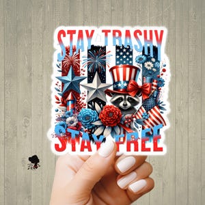 Sticker raton laveur patriotique Stay Trashy Stay Free, ordinateur portable, journal, sticker scrapbooking, sticker fête de l'indépendance sur le thème des États-Unis, sticker 4 juillet