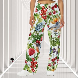 Fruit Birds Summer Pants, Unisex Wide-Leg Berry & Bird Colorful Festival Wear,  Versatile Unisex Clothing, Loungewear, Beach Coverup for Her
