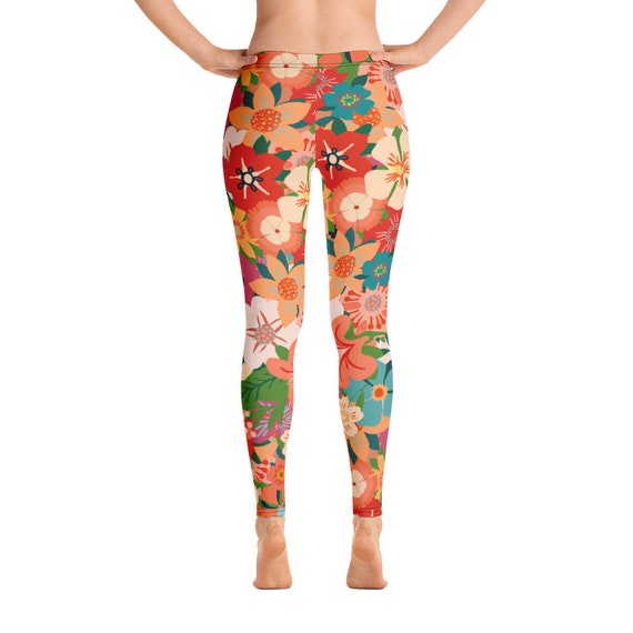 60s Retro Floral Patterned Leggings, Vintage Flowers Print Fitted Pant, Workout Leggings, Fashion Floral Yoga Pant, Running Gift for Her