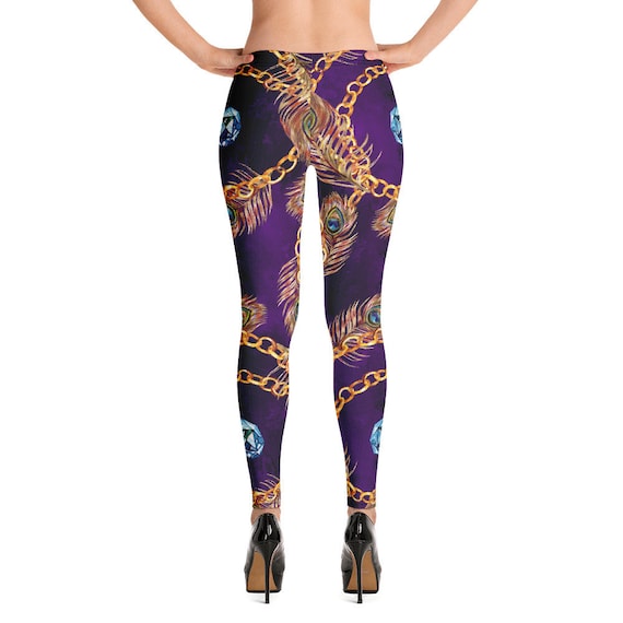 Funky Purple Peacock Feathers and Gold Chain Leggings, Elegant