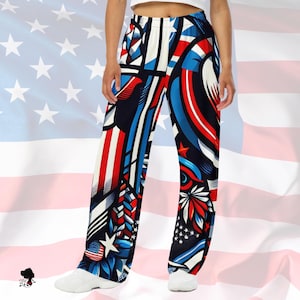 USA Wide-Leg Pants, Patriotic Red White Blue Festival Wear,  4th of July Outfit,  American Pride Boho Pants, Loungewear, PJ Bottoms, Gift