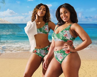Traje de baño de dos piezas con estampado floral tropical, parte inferior de bikini de cintura alta, traje de baño reciclado, regalo para ella, ropa de playa de verano, trajes de baño para mujer,