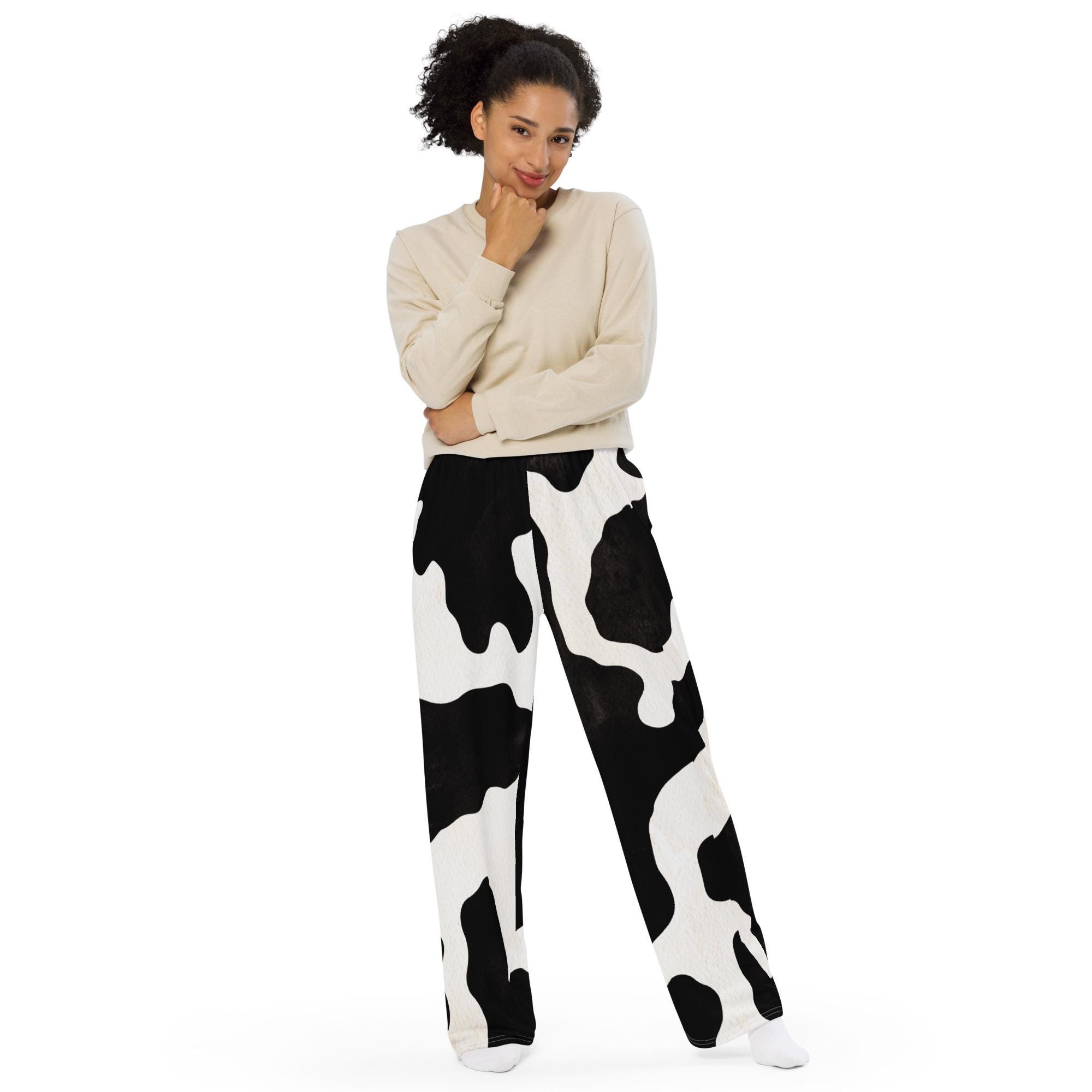 Cow Print Pants, Unisex Wide Leg Black White Comfortable Loose Fit