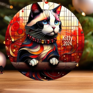 Adorno navideño personalizado con forma de gato Ragdoll, adorno colgante de árbol de gato con vitrales falsos, regalo navideño personalizado para gatitos, regalo para amantes de los gatos, amante de los gatos