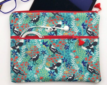 Tablet Case in Merry Magpies on Green, iPad sleeve, tablet sleeve, tablet cover, tablet clutch, pencil case, clutch, carry all pouch