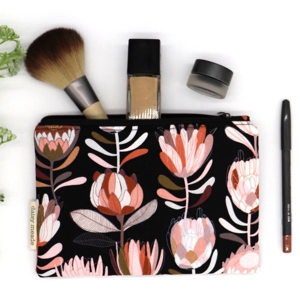 Small Waterproof Makeup Bag, Black Protea Makeup Bag, Floral Cosmetic Bag, Small Makeup Pouch, Australian Made Zip Pouch, Fun Gifts for Her