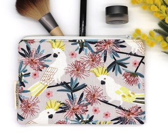 Cockatoo Makeup Bag, Waterproof Cosmetic Pouch, Small Makeup Pouch, Jocelyn Proust Zipper Pouch, Australian Made Cosmetic Bag, Gifts for Her