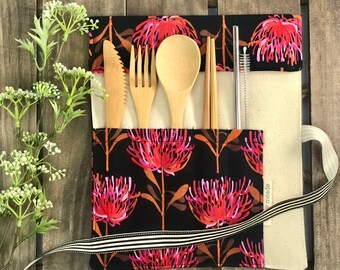 Reusable Bamboo Cutlery Set | Waratah Bamboo Cutlery Roll | Eco Friendly Travel Utensils |  Zero Waste Portable Flatware Kit