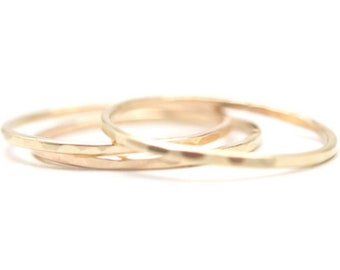Hammered Faceted and Plain 1mm Stackers Stacking or Midi Ultra Thin Gold Bands, 14k Gold Filled Bijou