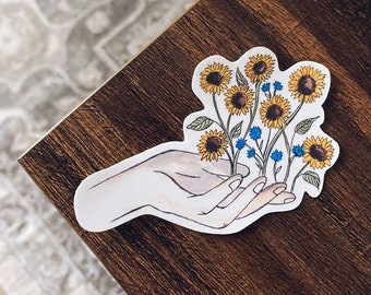 Giving Hand - Pain of Ukraine - 3 inch Sticker Waterproof (Decal) for your Laptop/Planner/Water Bottle - Ukraine, Sunflowers, War, Support