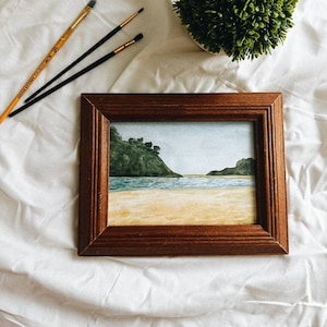 Coastal landscapes #5 Original watercolor painting in a vintage wooden frame 9.25x7.25in, ocean collection art, vintage art, beach