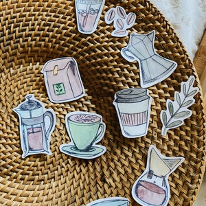 Ensemble d’autocollants de café de 10 / décalcomanies étanches pour votre planificateur, ordinateur portable, téléphone, cahiers/ latte, moka, brassage, grains de café, glacés