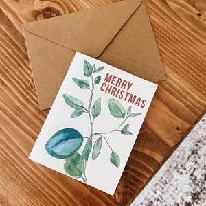 Cartão interno em branco de Feliz Natal 4,25 x 5,5 polegadas / Ilustração em aquarela fofa / Feriados / Plantas / inverno / comemorar