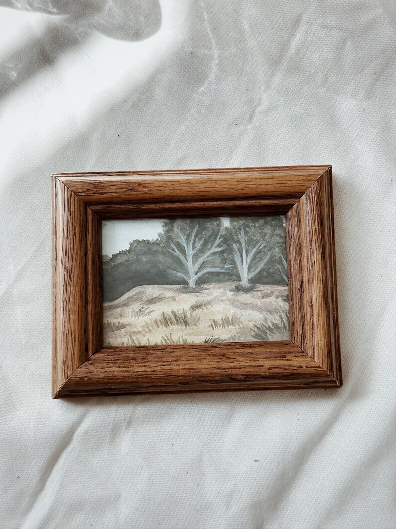 Watercolor landscapes 11 Original watercolor painting in a wooden vintage frame 4.4x3.4in, nature collection art, vintage, trees painting image 6