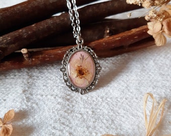 Necklace with real flowers and resin  (whitethorn and leaves)